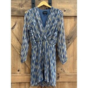 La Fee Verte 100% Silk Faux Wrap Boho Aztec Blue Dress Long Sleeve Women's Sz M